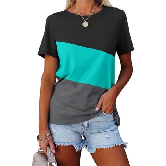 Women's T Shirts Short Sleeve Color Block/Solid Tops Casual Summer Tees - Picture 6 of 6